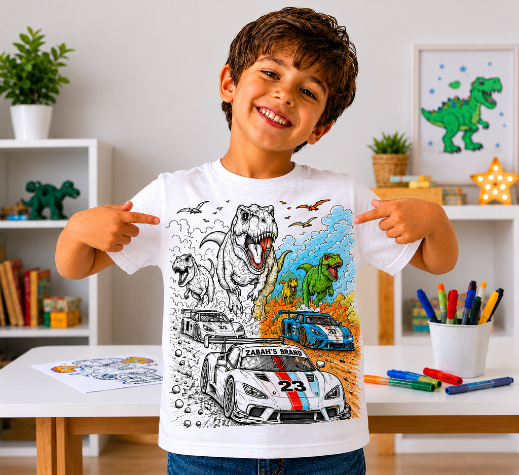 Zabah's Brand™ Dino Dash Color-In T-Shirt